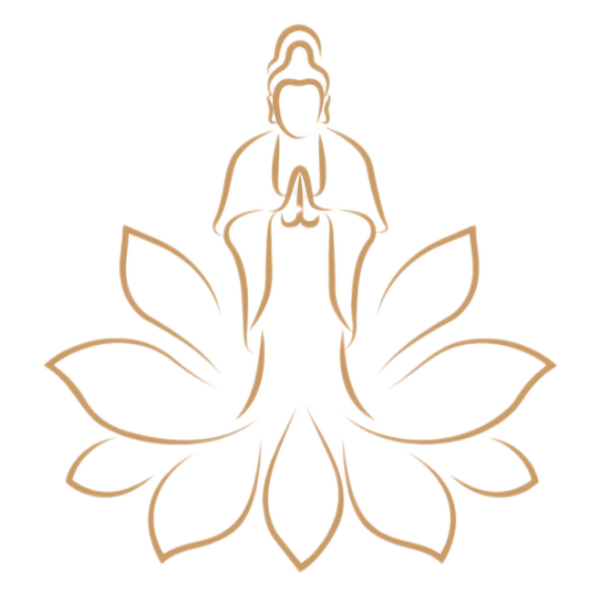 Lotus & Jade Journeys logo, golden lotus and meditating figure