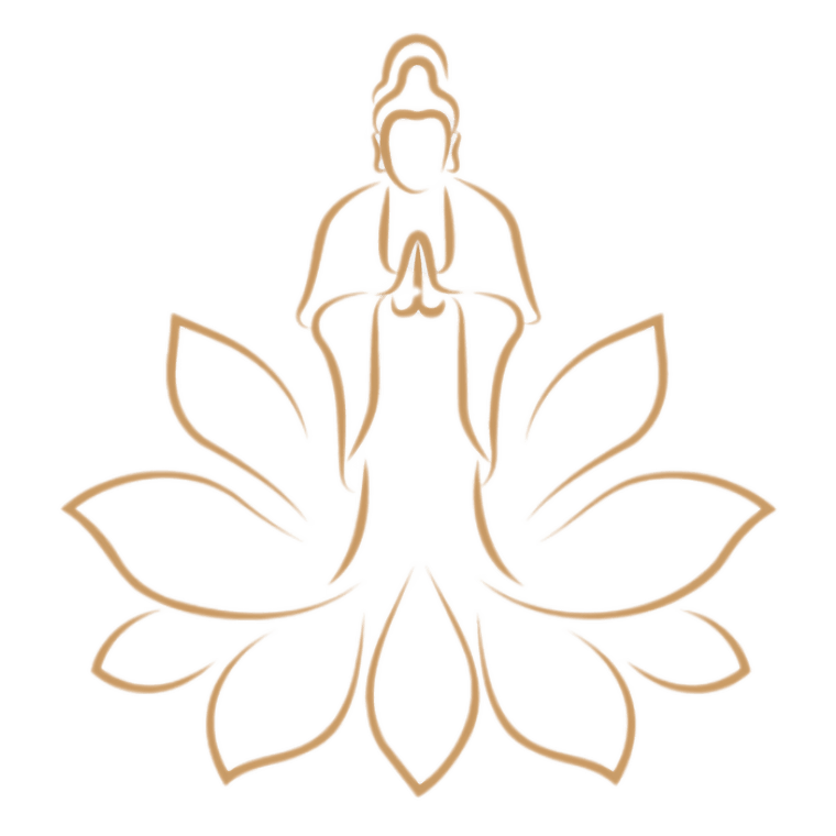 Lotus & Jade Journeys logo, golden lotus and meditating figure