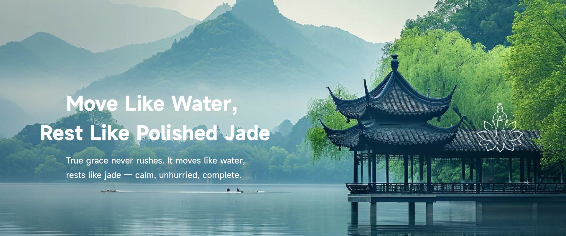 Lotus & Jade Journeys serene Jiangnan landscape, traditional pavilion on misty lake