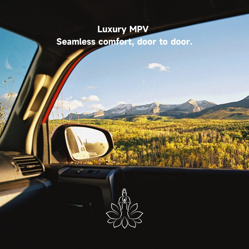 Lotus & Jade Journeys luxury MPV travel service, view from car window of mountain landscape