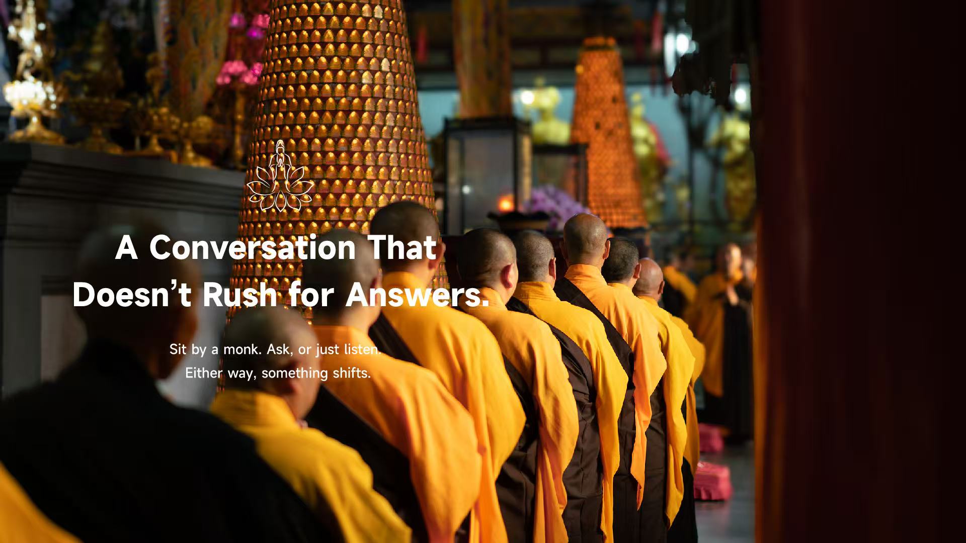 Monks in temple ceremony, peaceful spiritual conversation with Lotus & Jade Journeys