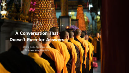 Monks in temple ceremony, peaceful spiritual conversation with Lotus & Jade Journeys