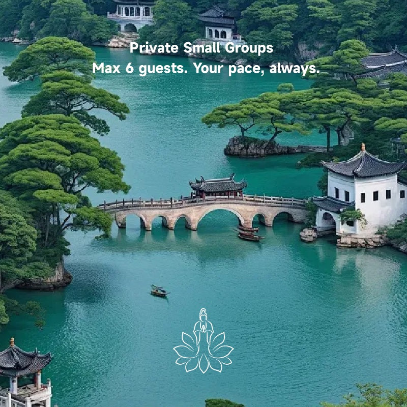 Lotus & Jade Journeys private small groups section, serene Chinese garden landscape with bridge and lake