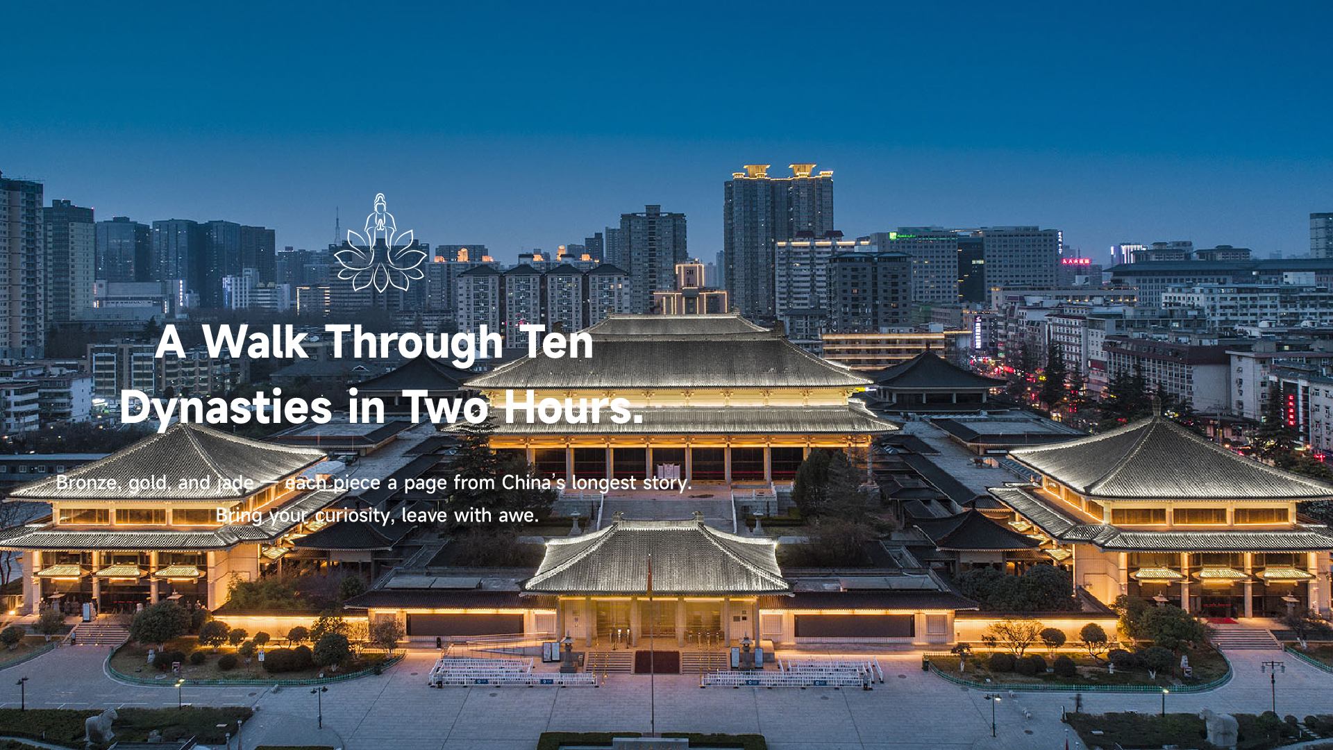 Shaanxi History Museum at night, cultural landmark with Lotus & Jade Journeys