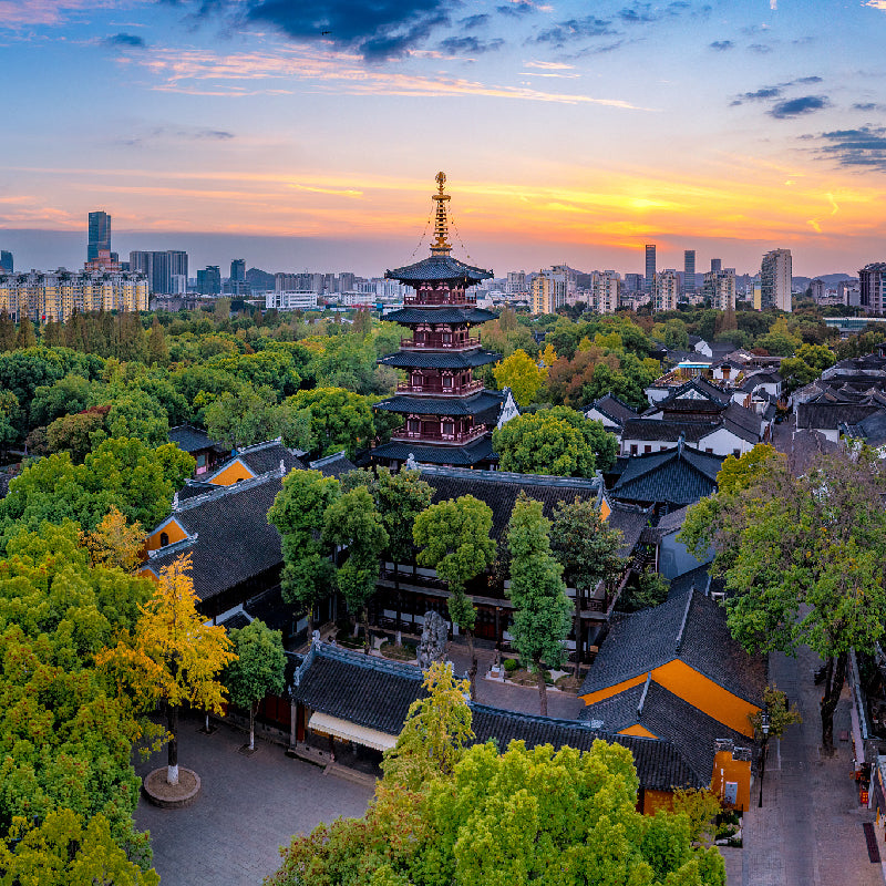 Suzhou Hanshan Temple pagoda at sunset, luxury Jiangnan cultural tour with Lotus & Jade Journeys