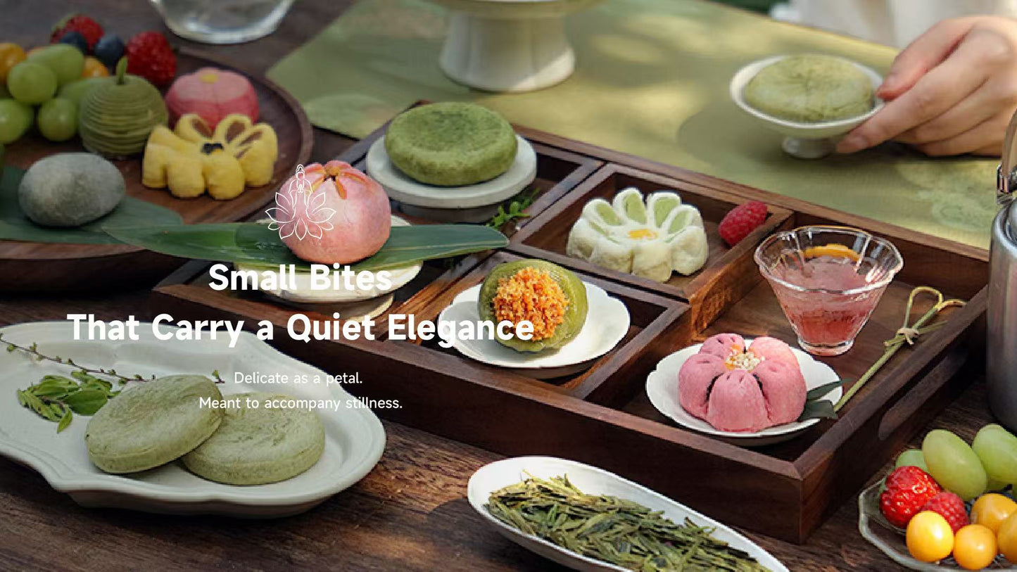 Traditional Chinese tea ceremony desserts, delicate Jiangnan pastries with Lotus & Jade Journeys