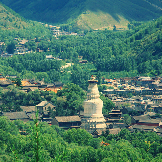 Mount Wutai temple valley panoramic view, sacred Buddhist site with Lotus & Jade Journeys