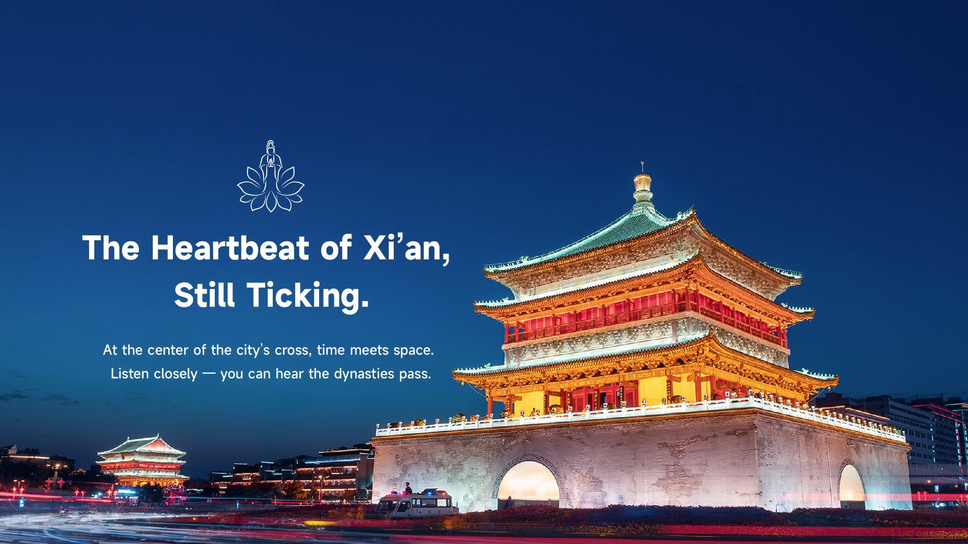 Xi'an Bell Tower at night, ancient city landmark with Lotus & Jade Journeys