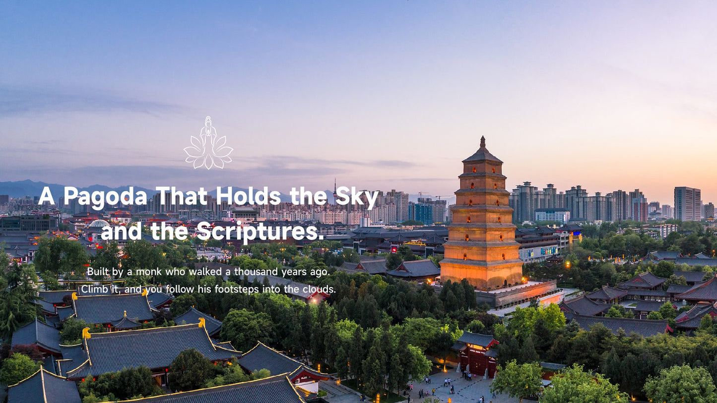 Xi'an Giant Wild Goose Pagoda at sunset, ancient Buddhist landmark with Lotus & Jade Journeys